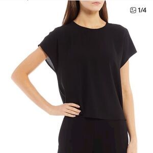Eileen Fisher  Black Sheer Top Silk Blouse Short Sleeve Lightweight size L